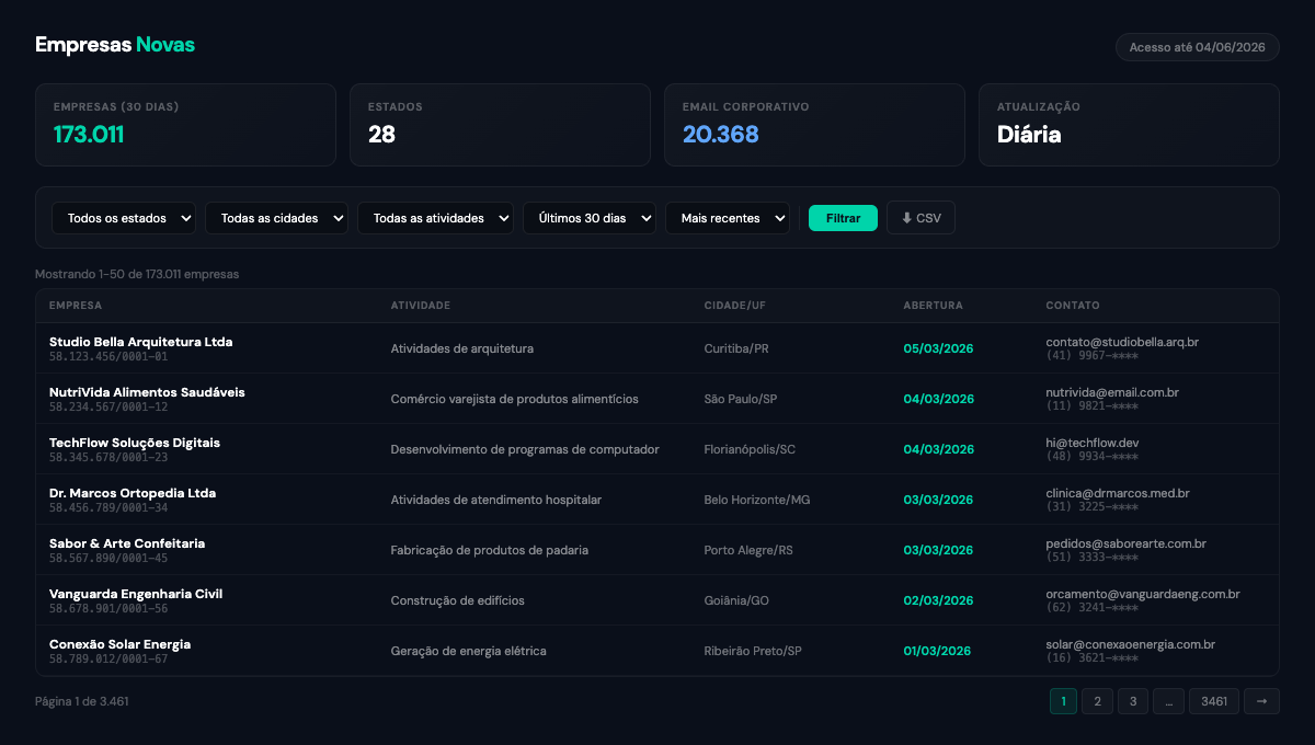 Preview do painel Empresas Novas